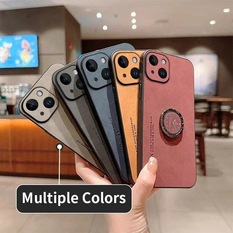 Sheepskin Leather Ring Stand Holder Phone Case For Motorola Moto G85 E13 5G E14 Matte Lens Protection Shockproof Back Cover