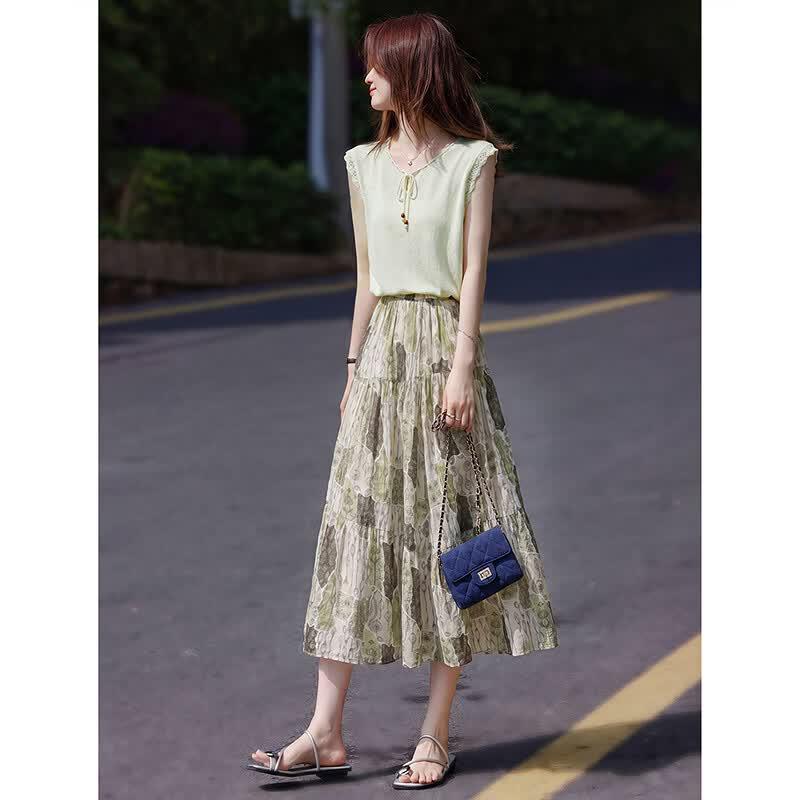 Summer Tie-Neck Knit Top & High-Waist Skirt Set