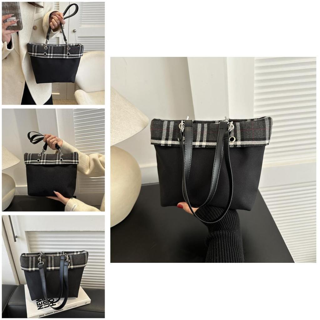 Korean Plaid Fabric Bucket Bag Women's Bag 2024 Winter New Texture Fashion Simple Shoulder Bag