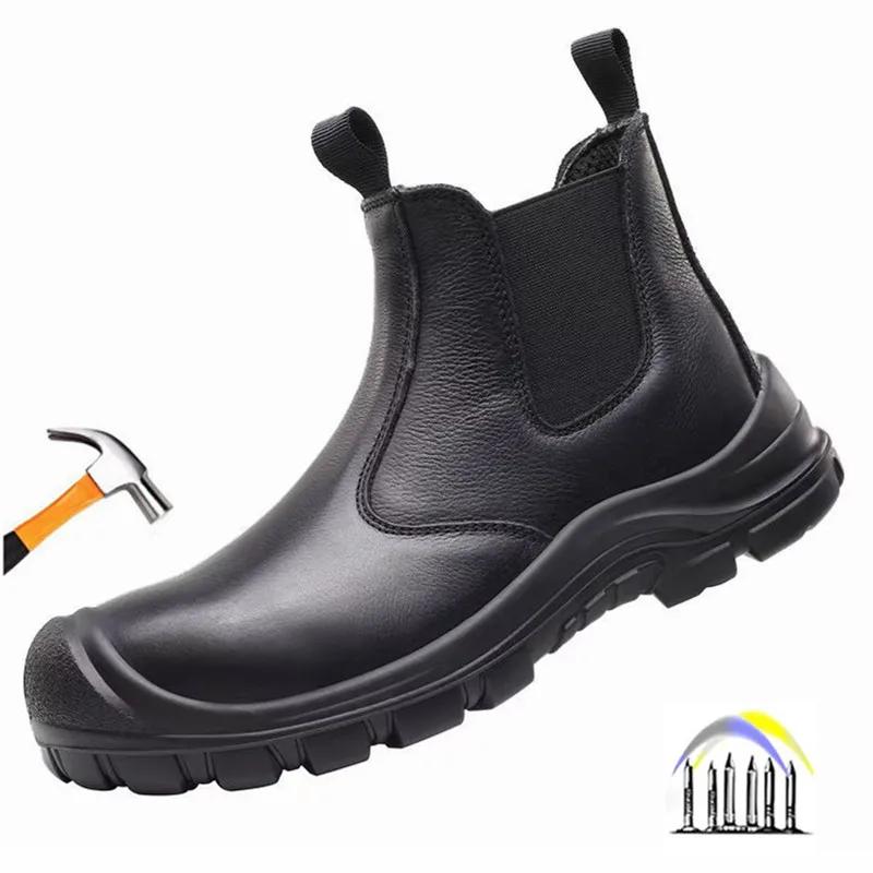 Pantofi de siguranță impermeabili antiderapanți fără șireturi cizme de lucru din piele bărbați pantofi sport de lucru cu bombeu de oțel anti-perforație pantofi de protecție