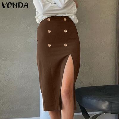 Women Fashion Button Solid Color Pencil Slit Skirts