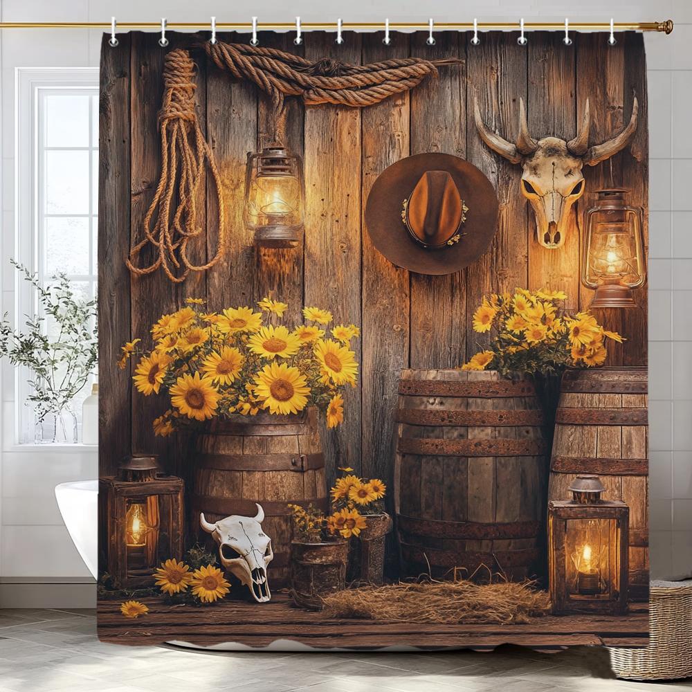 Flower Scenery Of Rural Farmhouse Shower Curtain, Bathroom Decorative Shower Curtain, Home Decorative Curtain With Hooks