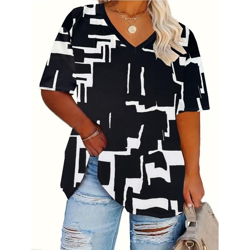 Summer Women's Daily Printed V-neck Short-sleeved T-shirt