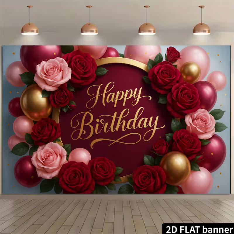2D Rote Rosa Rose Alles Gute zum Geburtstag Hintergrundbanner Goldener Ballon Party Hintergrund Dekoration