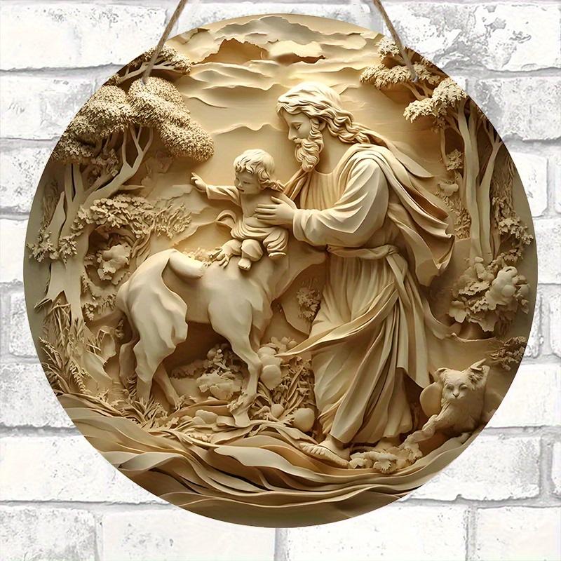 1 Stück Holzschild mit der Krippe von Jesus – 2D-Reliefeffekt, runder Wandbehang für Kirche und Heimdekoration, perfekte Weihnachtsdekoration, Weihnachtsdeko