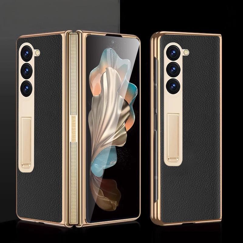 For Samsung Z Fold 7 Phone Case Electroplated Nappa Leather with HD Film Protective Cover Compatible for Samsung Z Fold 6 5 4 3