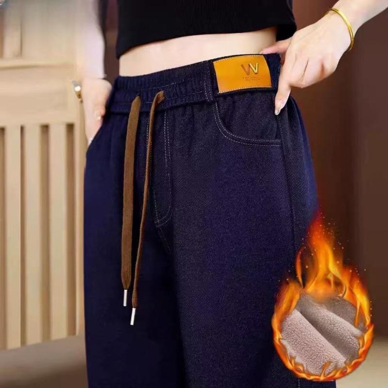 Winter fleece imitation denim fleece thickened women's denim straight-leg pants to increase the elasticity of casual women's pants