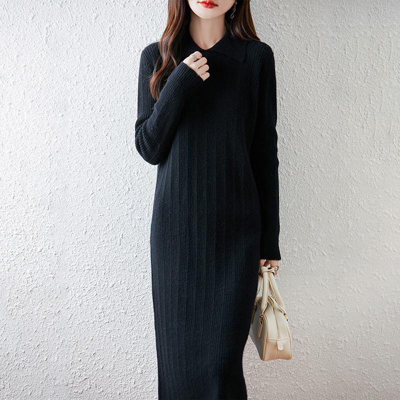 Women Sweater Dress 100% Wool MODERN NEW SAGA Turn-down Collar Knit Long Pullover Winter Jumpers Wool Long Dress Female
