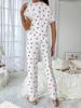 Ladies' Home Wear, Cherry Print Water-soluble Embroidered Edge Short-sleeved and Long Pants Pajama Set, Suitable for Women To Wear Pajamas Outside