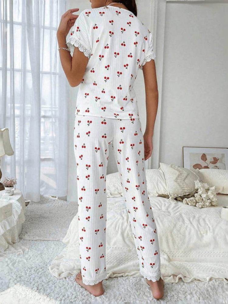 Ladies' Home Wear, Cherry Print Water-soluble Embroidered Edge Short-sleeved and Long Pants Pajama Set, Suitable for Women To Wear Pajamas Outside