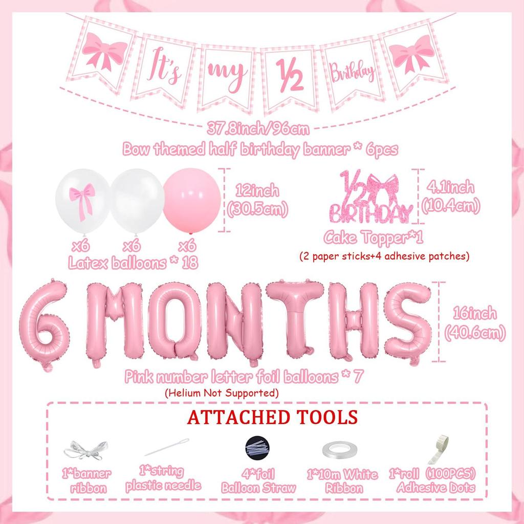Half Birthday Decorations - Pink Gingham Banner Bow, Balloons, Cake Topper for Girls 6 Month Party Supplies