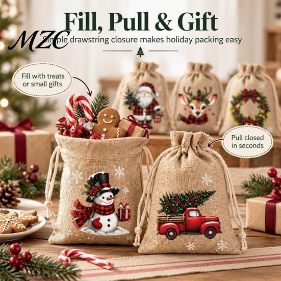 Christmas Party Favor Bags Jute Burlap Gift Bags, Drawstring Treat Candy Festive Wrapping Bag, Reusable Linen Packaging Pouch for Holiday Favors Craft