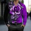 Men Collared Shirt Black Purple Two Tone Big Rose Floral Print Long Sleeve Button Down Top