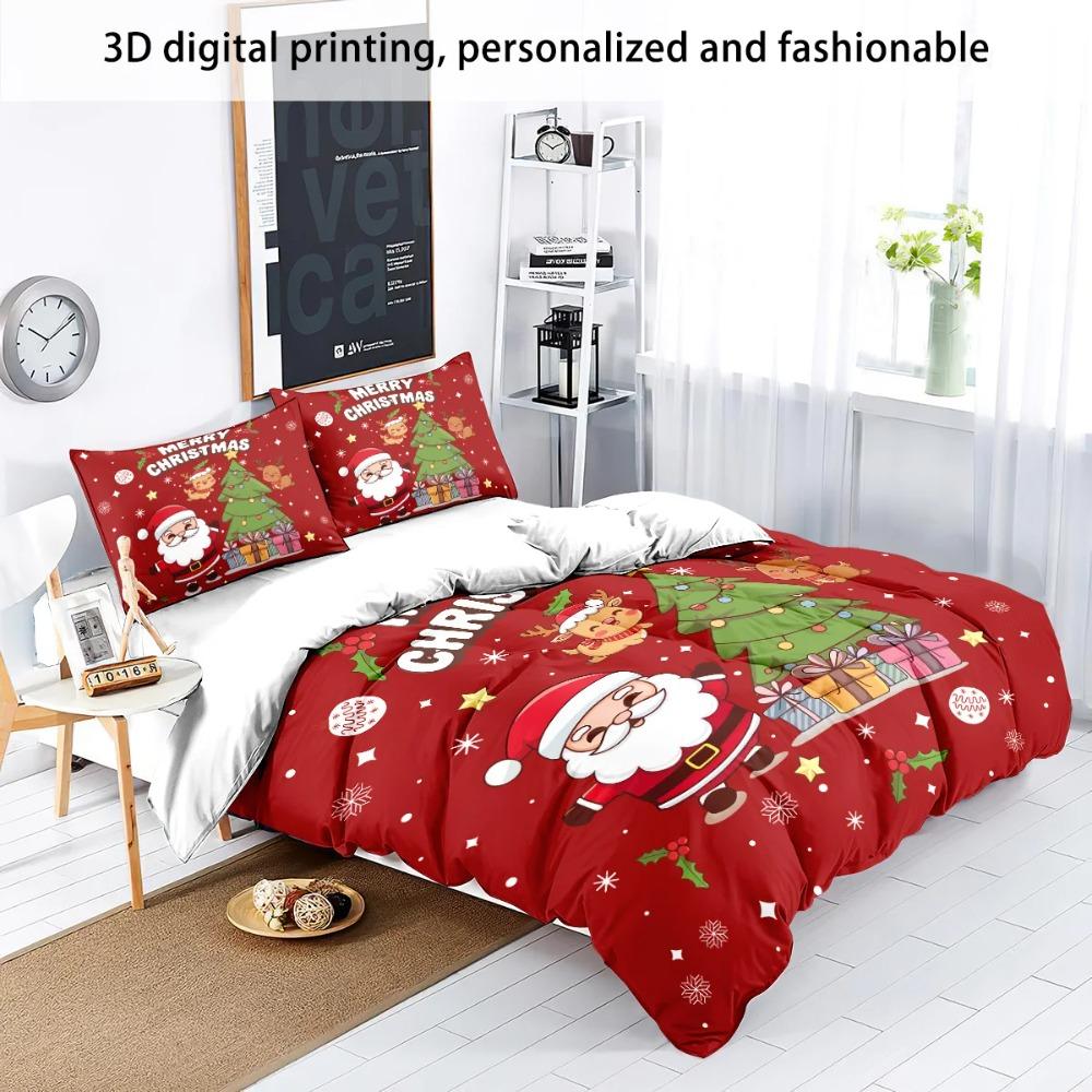 3pcs Santa Claus Christmas Tree Print Coreless Duvet Set Bedroom Dormitory Bedding Decoration