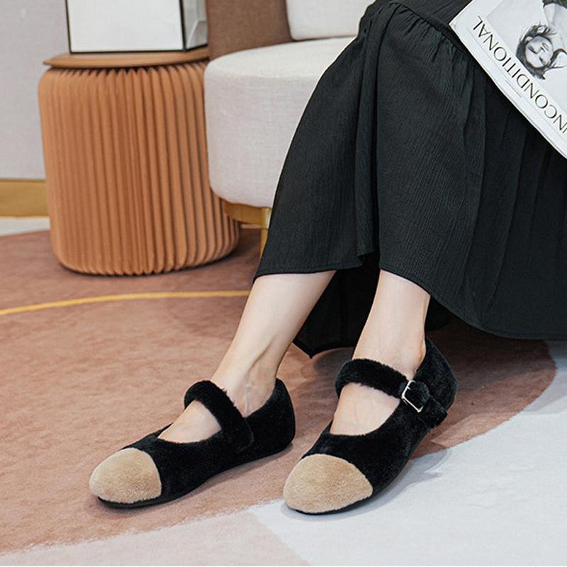 Fashion Furry Mink Hair Mary Janes Woman Winter Fur Lined Flats Female Belt Buckle Loafers Mixed Color Moccasines Shearling Ballet Shoes