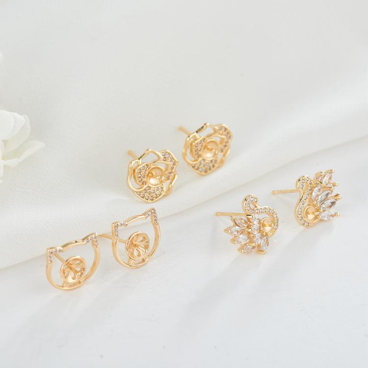 

Rose Zircon Swan & Kitten Stud Earrings: Fresh 925 Silver with Pearl Jewelry