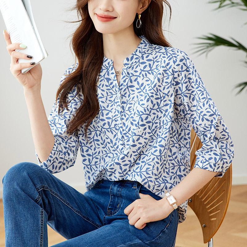 

Blue V-neck and Clipper Sleeve Shirt for Women In Summer Thin Commuter Korean Style Chic Casual Top M
