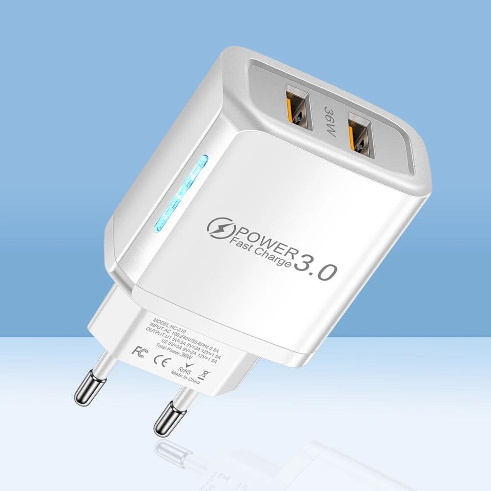 2 Ports 36W USB Mobile Phone Charger Quick 3.0 Wall Fast Charging Adapter For iPhone Xiaomi Samsung