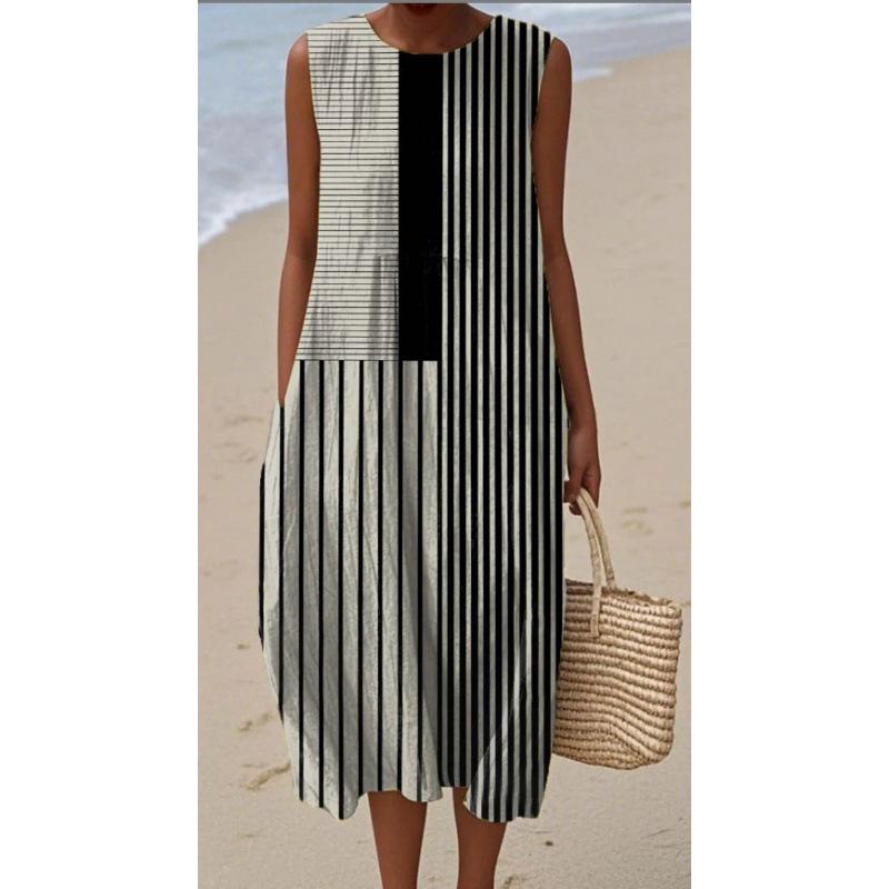 Summer new sleeveless pocket casual printing temperament long dress dress slim dress