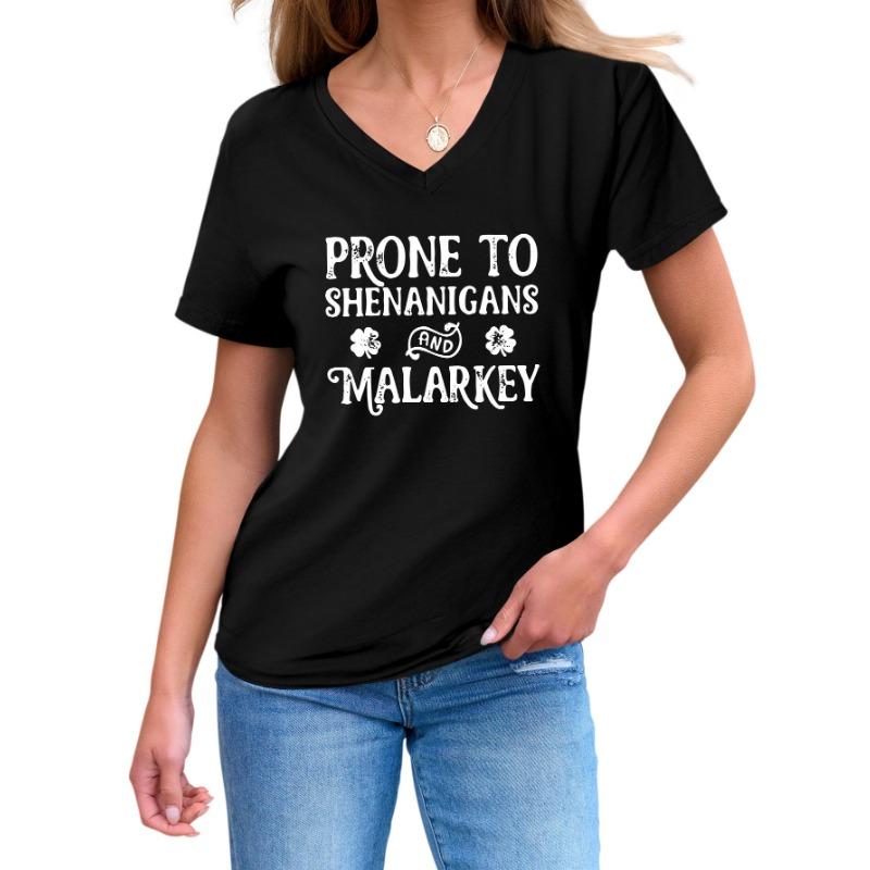 Fashionable and Versatile Prone To Shenanigans Printed Top V-neck Short Sleeved Women's T-shirts
