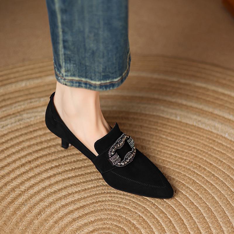 

Krazing Pot Замшевые туфли на шпильке, размер 42, размер 41, размер 43, женские туфли с острым носком, пряжкой из кристаллов, туфли-лодочки Deep Mouth 40 чёрный