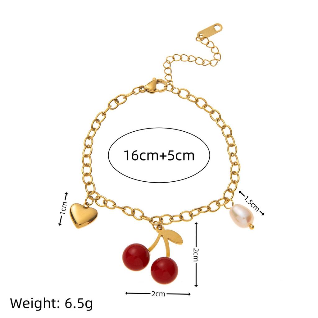Cherry Girl Red Pearl Pendant Earrings & Bracelet Necklace Set - Titanium Steel with Color Retention