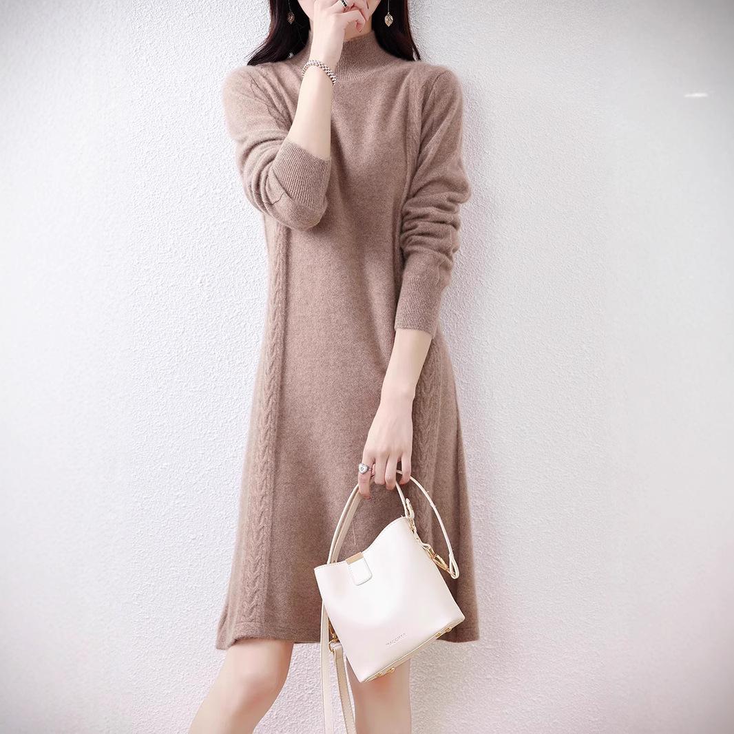 

Korean-Style Wool Twist Knit Long Sweater Dress, Semi-High Neck, Autumn/Winter Collection. XL (125-135 jin)