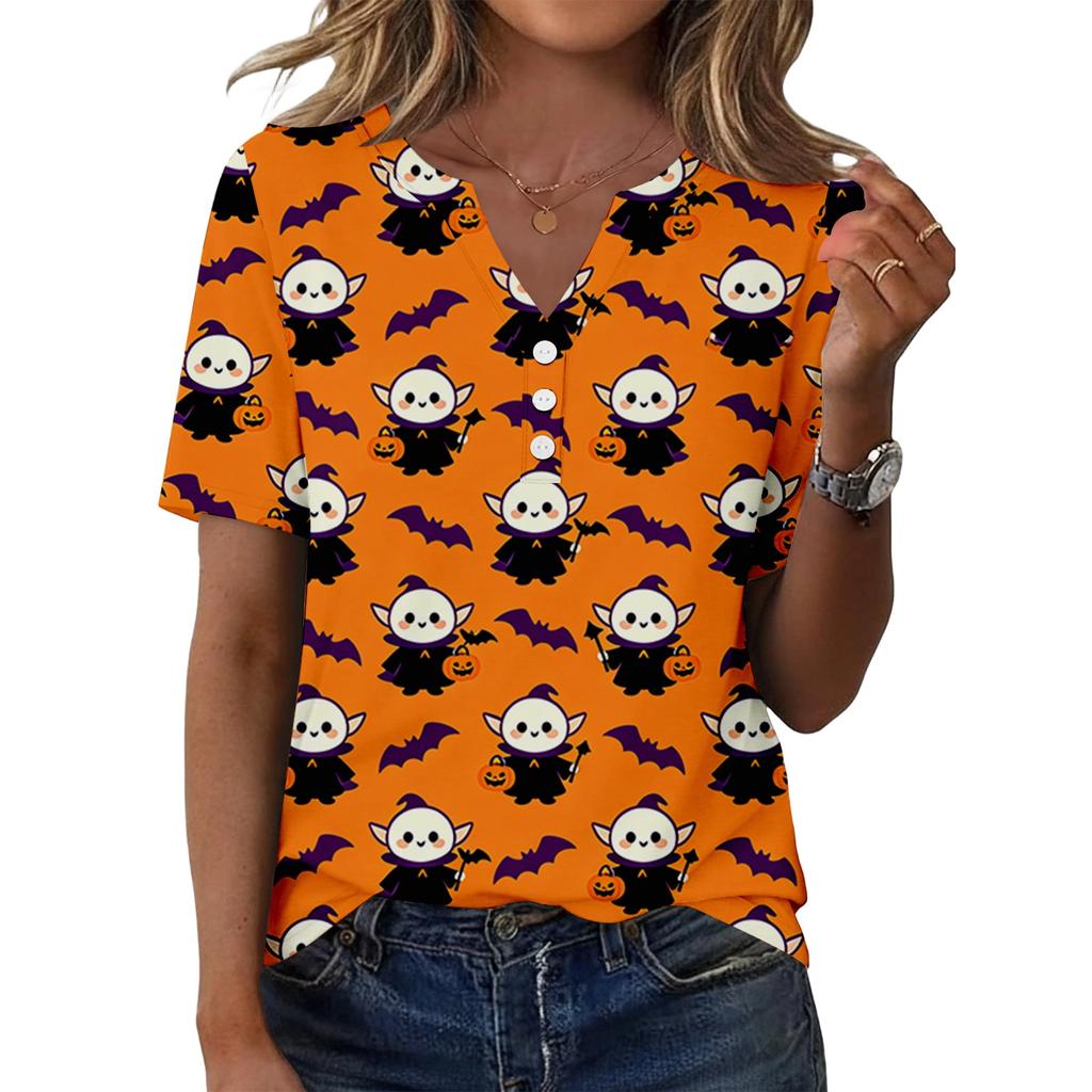 Women's Casual Halloween Print V Neck Short Sleeve Button Front T Shirt Top for Everyday Wear and Seasonal Events