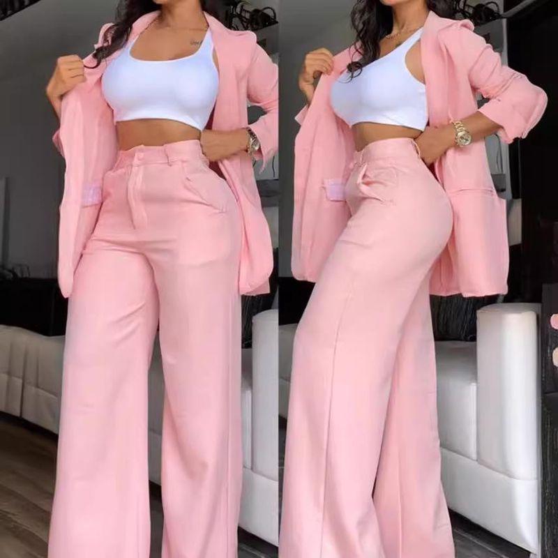 European and American Summer Women clothes Temperament Solid Split Sleeve Lapel Suit Straight Pants Set Women's Pants Suit Women