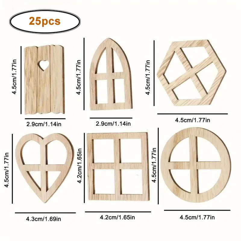 

25pcs Wood Window Cutouts - Multipurpose Unfinished Wood Slices Miniature Figurines for DIY, Kids Craft, and Home Decor Projects