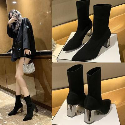 Spring and Autumn New Pointed High-heeled Socks Boots Elastic Boots Women's Thick-heeled Short Boots Thin Boots Medium Tube Socks Boots