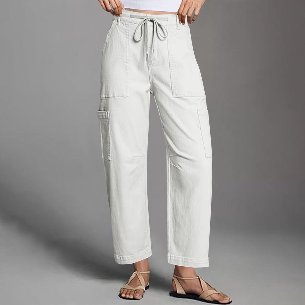 Dámske Elastické Nohavice s Vysokým Pásom Bežného Strihu Široké Dlhé Nohavice S Vreckami