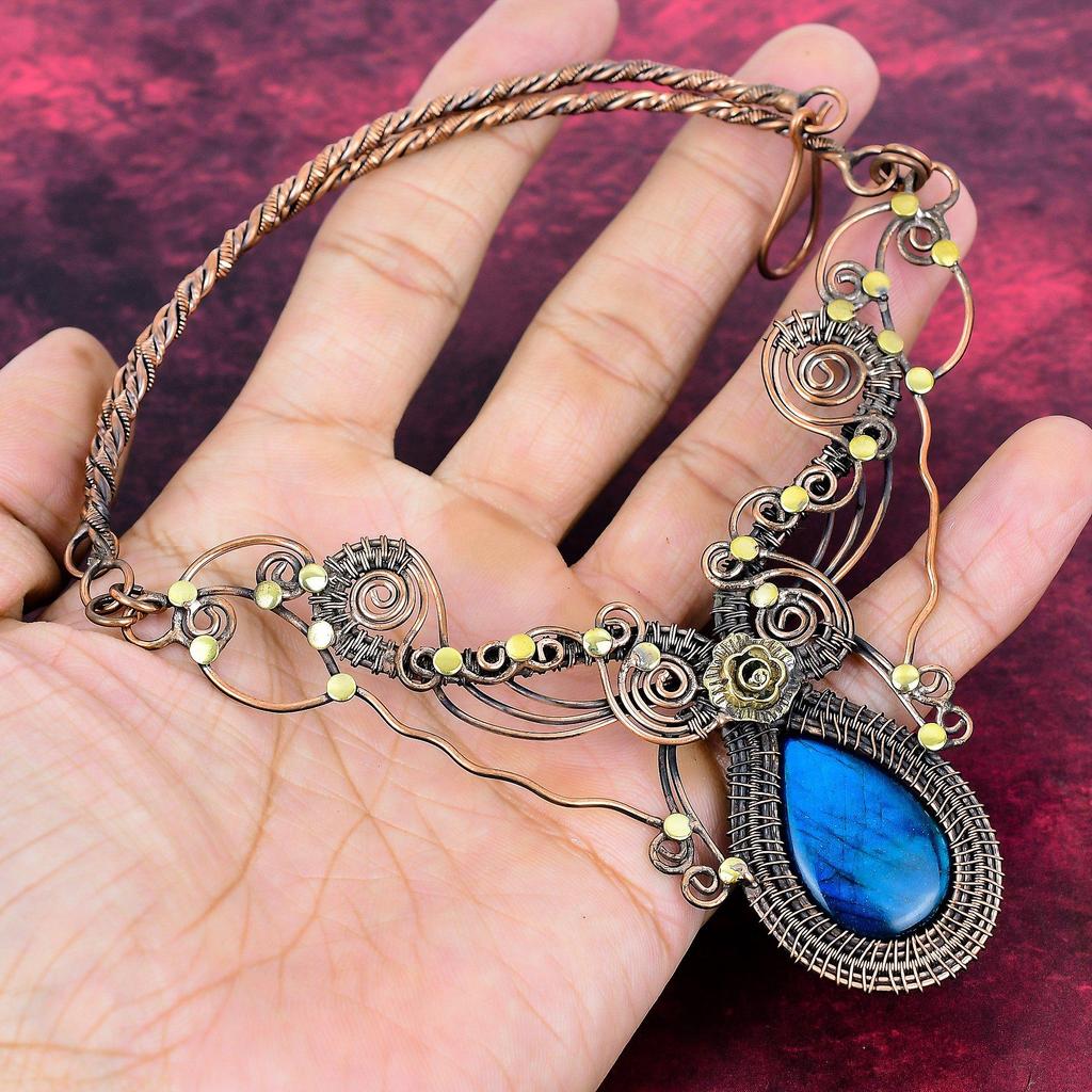 Neon Flash Labradorite Gemstone Necklace Copper Wire Wrapped Adjustable Necklace