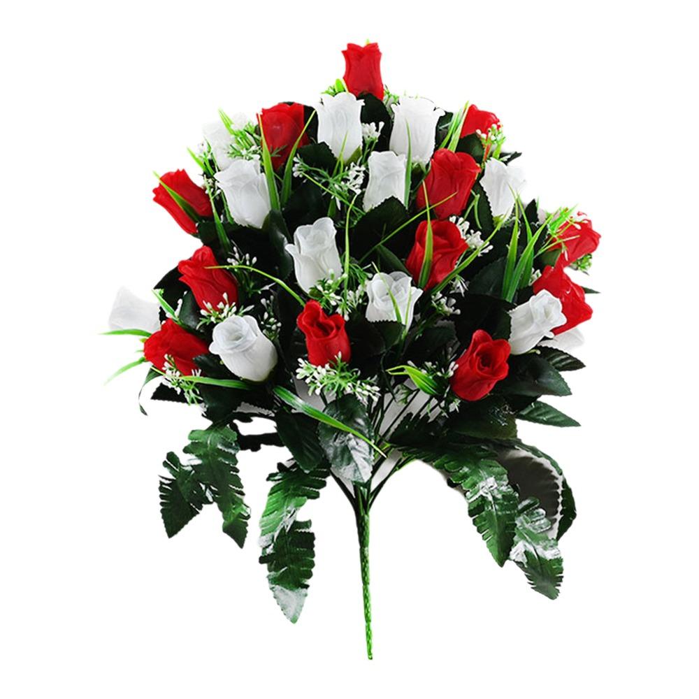 

New 24 Heads Artificial Cemetery Flowers Faux Fake Silk Red Blue White Roses Bouquet Grave Decorations for Cemetery