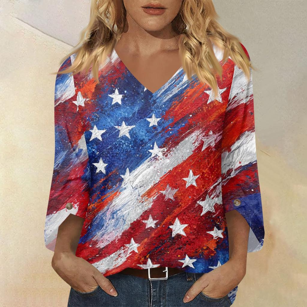 Womens Casual V Neck Three Quarter Sleeve T Shirt Top with Independence Day Inspired Print Loose Fit Lightweight Blouse for Daily Wear