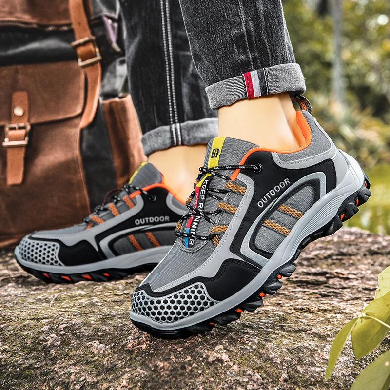 Fashion Men Hiking Shoes Leather Outdoor Trail Running Shoes Anti-slip Casual Hiking Training Sneakers Zapatillas Para Hombre Masculino