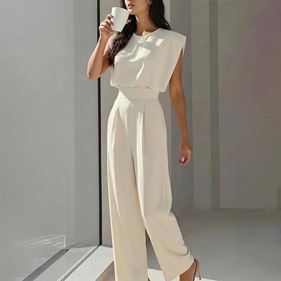 2026 Summer European & American Fashion Elegant Solid Color Round Neck Waist-Cinching Jumpsuit