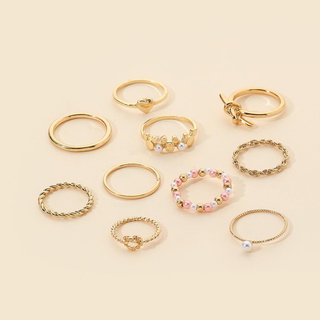 Gold-plated knotted ring imitation pearl 10-piece set, ring jewelry metal ring joint ring versatile love ring women