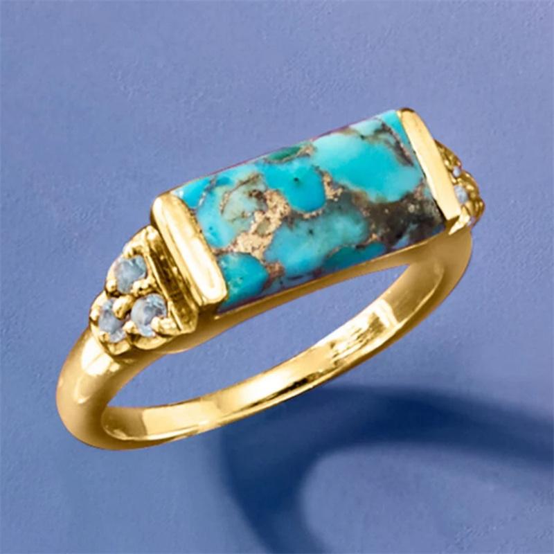 Vintage Square Inlaid Blue Stone Women's Ring Ethnic Gold Color Hand Carving Daily Wear Party Jewelry Anniversary Gift