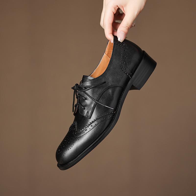Fashion Women Genuine Leather Oxford Shoes Round Toe Black Brown Lady Lace Up Brogues Loafers Casual Shoes for Women Leather Shoes 2025