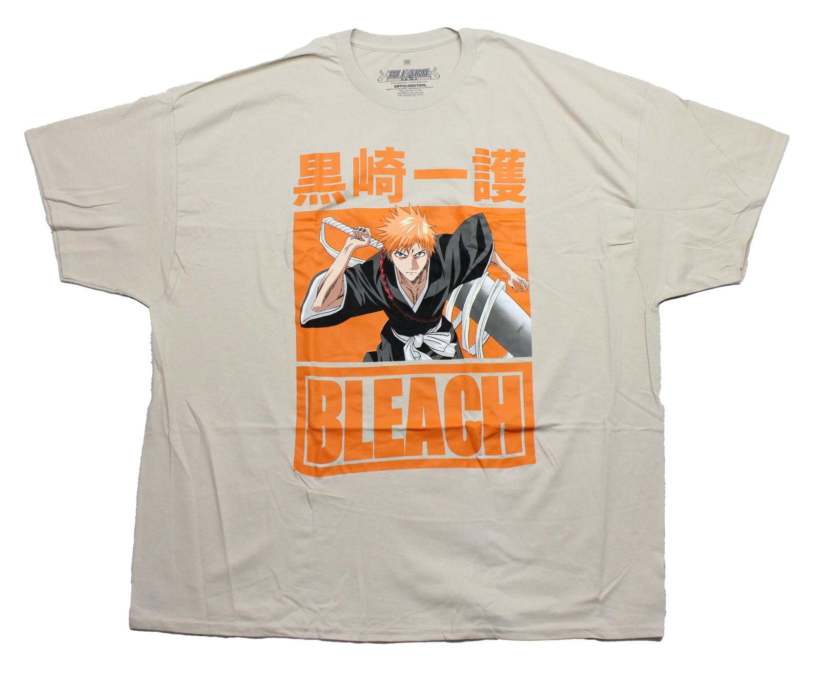 Bleach New Adult T-Shirt - Ichigo Grabbing Sword Orange Background Kanji Name XXXL