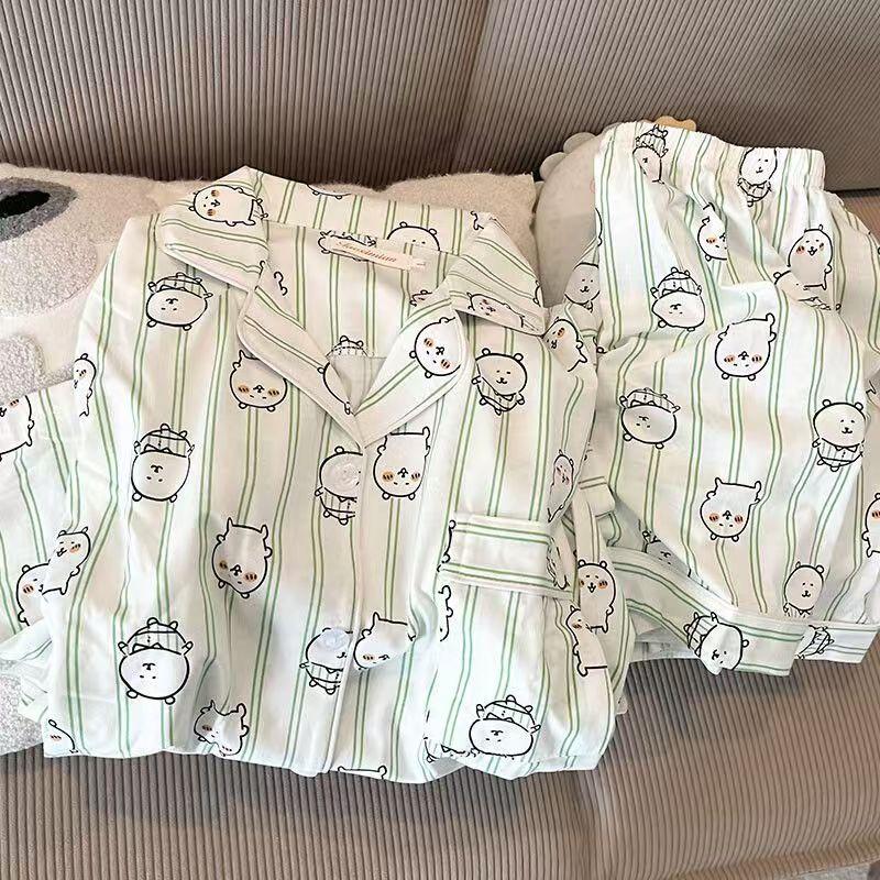 

Japanese sweet striped self-deprecating bear pajamas women s summer short-sleeved shorts can be worn outside two-piece ins style loungewear S