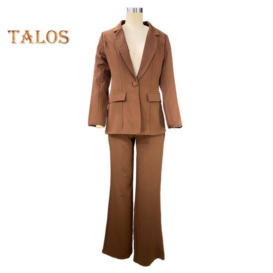 2 Pcs/Set Women Suit Coat Pants Set Deep V Neck Lapel Single Button Closure Mid Length Cardigan Long Sleeve Jacket Straight Trousers Lady Formal