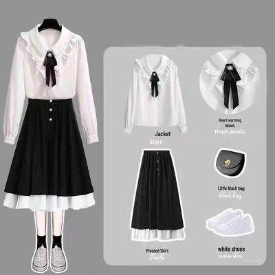 Women's Spring 2026 Loose Ruffle Bow Blouse & High Waist Pleated Skirt Set