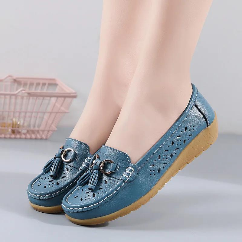 Summer Leather Women's Shoes Moccasins Platform Soft Boat Fashion Cutout Flats Casual Low Heel Nurse Lolita Shoes