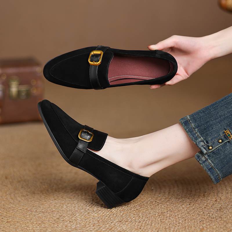 Krazing Pot Sheep Suede Autumn Winter Shoes Metal Buckle Loafers Med Heels Slip on Size 42 Round Toe Slip on Deep Mouth Pumps