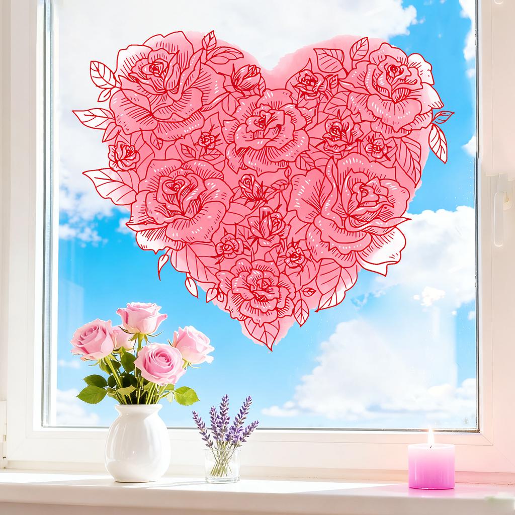 Valentine Day Pink Flower Heart Static Cling Window Sticker for Home Decor Bedroom Living Room Study Festival Decoration