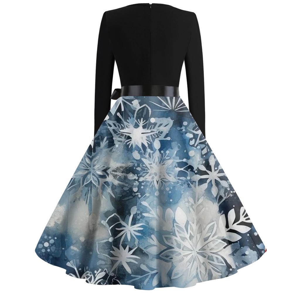 Dámské módní neformální štíhlé vánoční potištěné šaty s dlouhým rukávem s kulatým výstřihem