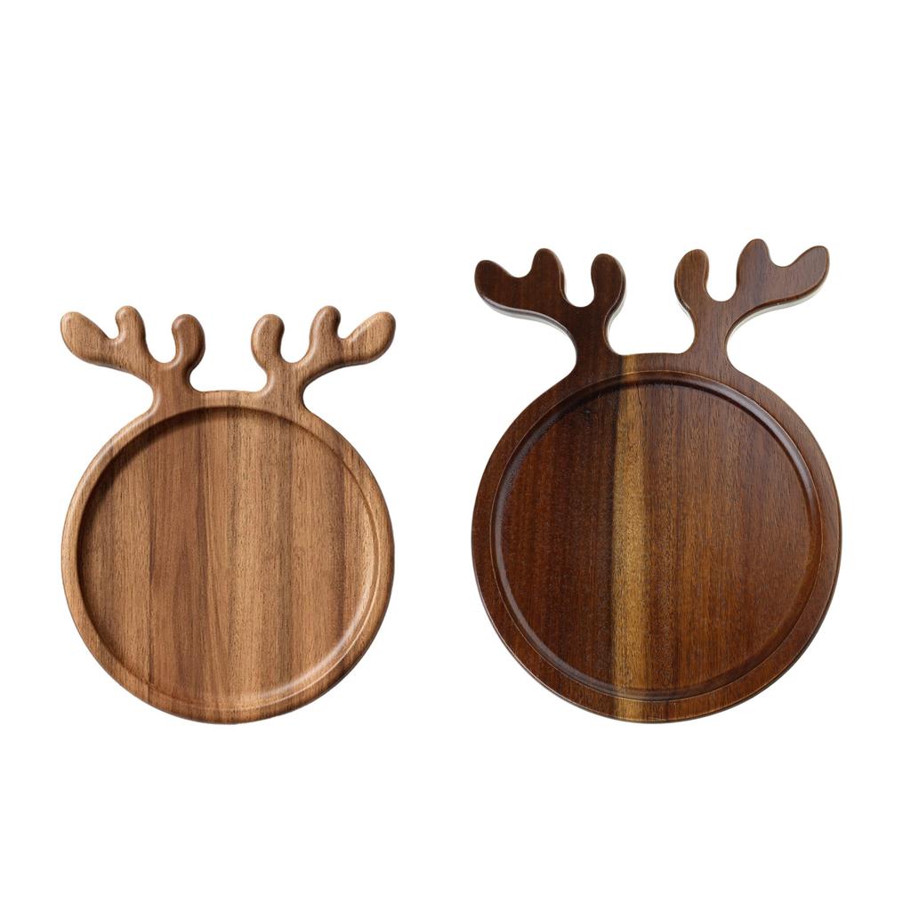 Wooden Serving Platter with Antler Handles Christmas Reindeer Decorative Plate Organizer Wood Food Tray for Snack Fruit