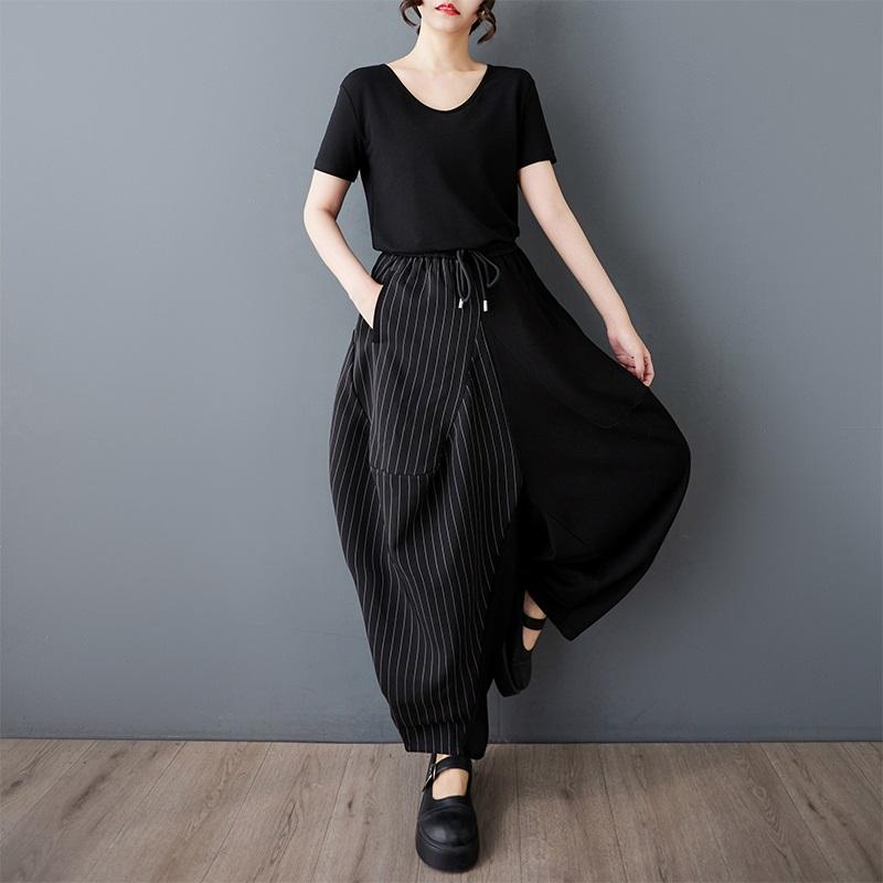 Plus Size Schwarze Vintage-Streifen-Patchwork-Hosen mit hoher Taille, lässig, locker, Frühling, Sommer, Haremshose, Damenhose